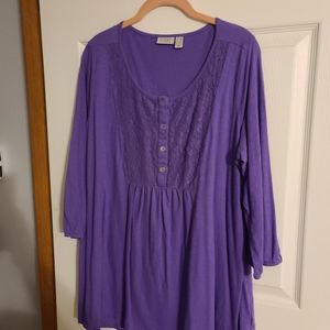 LOGO Lori Goldstein 1X Purple Henley Lace Knit Top
